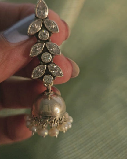 Palak - Pearl & Cubic Zirconia Silver Jhumka Earrings | 925 Indian Ethnic Jewelry Online | Traditional Indian Earrings
