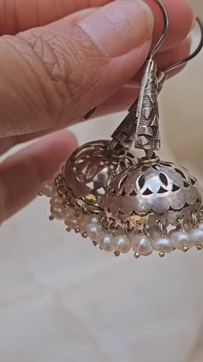 Jaya -Sterling Silver Jhumka with pearl accents, Lightweight Handcrafted Indian Jhumka earring