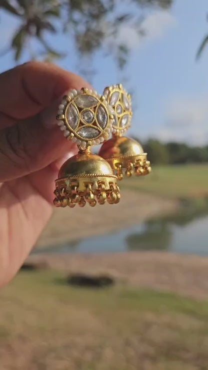 Gold Plated 925 Silver Jhumka Earrings — Kundan Style with Pearls