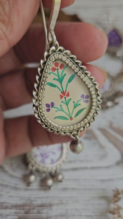 Phulwari Hand-Painted 925 Sterling Silver Earrings | Multicolour Mughal Floral Teardrop Danglers