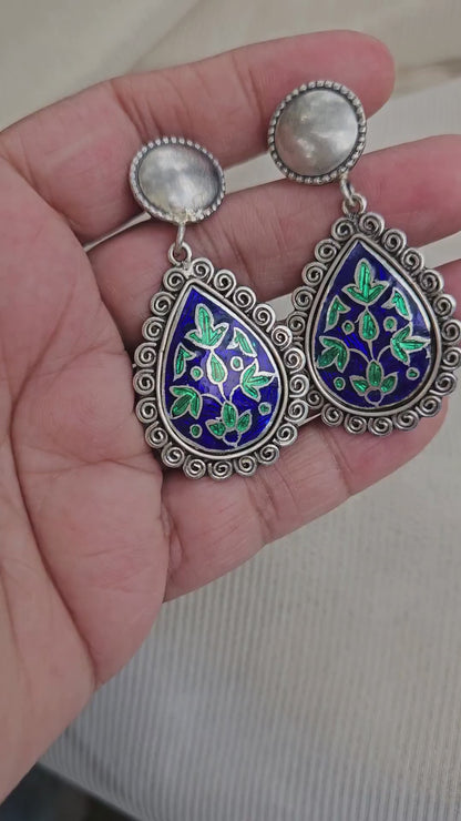 Pichola Blue Meenakari 925 Sterling Silver Earrings | Handcrafted Udaipur Enamel Teardrop Danglers