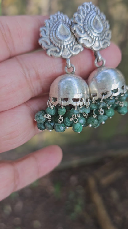 Sterling Silver Paisley Jhumkas with Green Bead Clusters