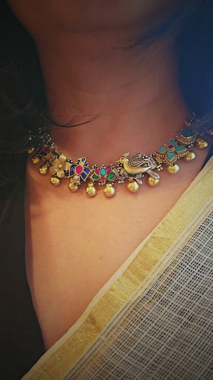 Gulistan Kundan Charm Necklace | Dual-Tone 925 Sterling Silver Statement Necklace with Adjustable Thread