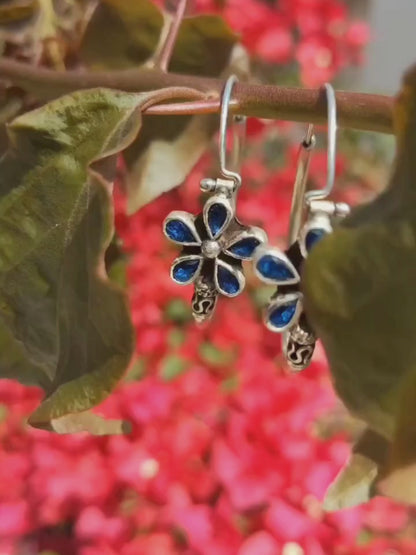 Suman -  925 Sterling Silver blue floral hoop earring