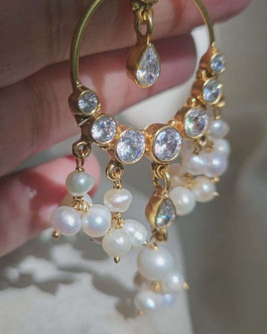 Gold Chandbali Earrings — 925 Silver, CZ & Freshwater Pearl, Bridal