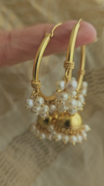 Noor Moti Bali Jhumka Earrings | Gold-Plated 925 Silver Pearl Hoops with Jhumka