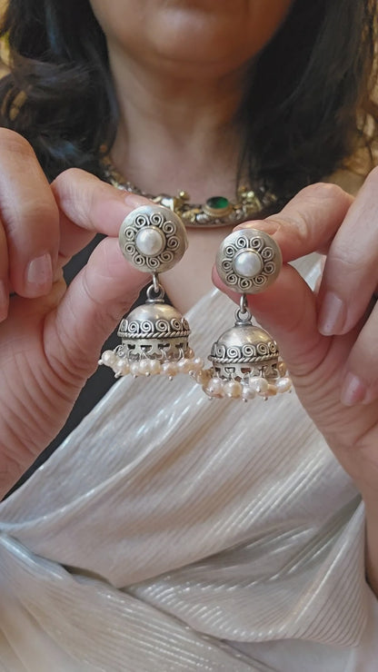 Lehar Freshwater Pearl Jhumka Earrings | Oxidised 925 Sterling Silver Spiral Jhumkis