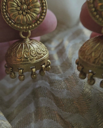 Gold Sunburst Jhumka Earrings — 925 Silver, Handcrafted Temple Jewelry