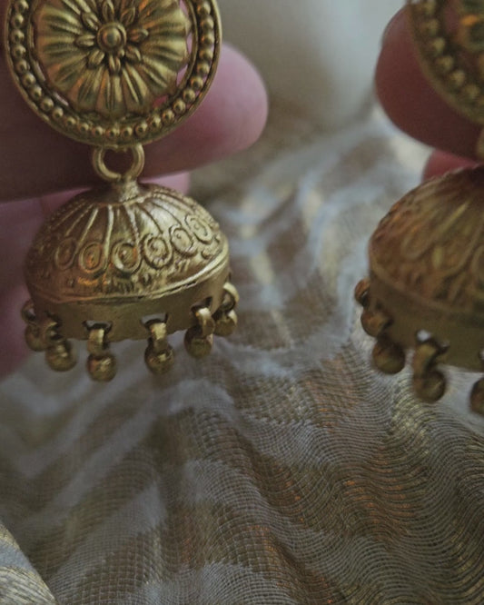 Gold Sunburst Jhumka Earrings — 925 Silver, Handcrafted Temple Jewelry