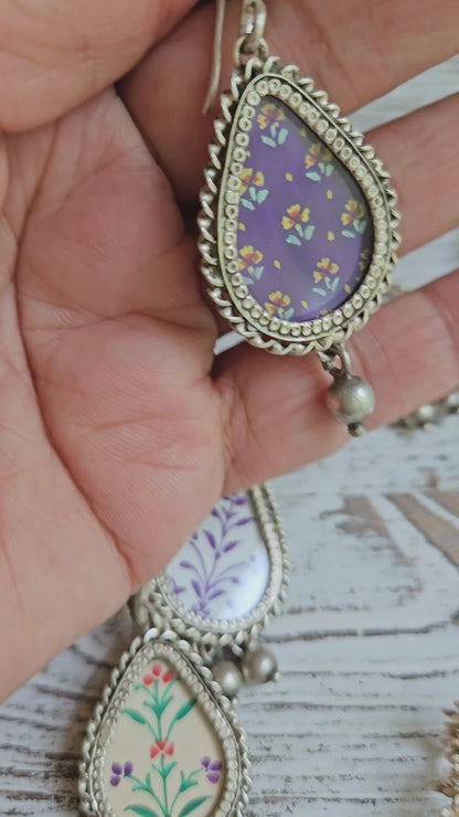 amuni Buti Hand-Painted 925 Sterling Silver Earrings | Purple Floral Teardrop Danglers