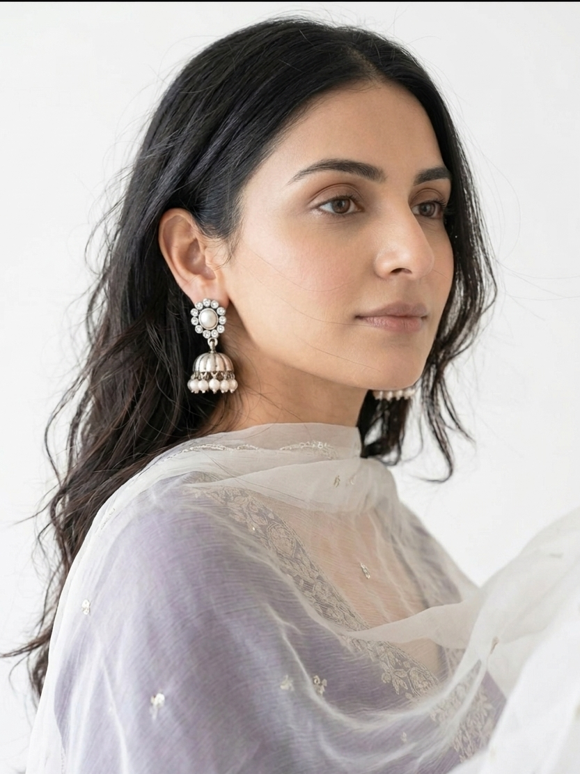 Aarya -925 Silver Indian Earring, Pure Silver Jhumka