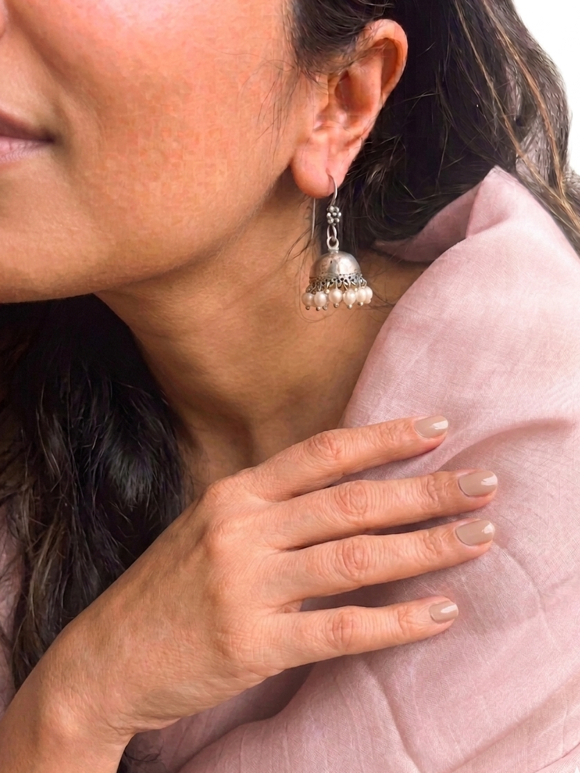 Gauri - Small Silver Jhumka with pearl drops