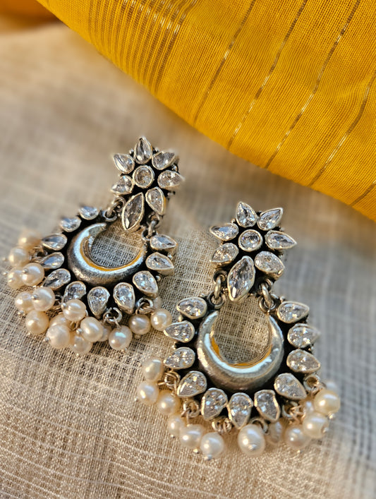 Chandbali  Silver Zircon Earrings, Indian 925 Silver Earring