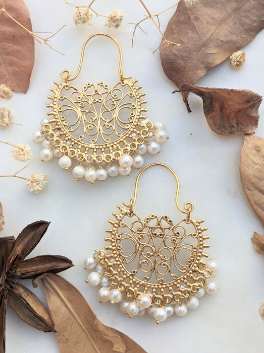 Lata - Filigree work gold  silver pearl chaandbaali/hoop