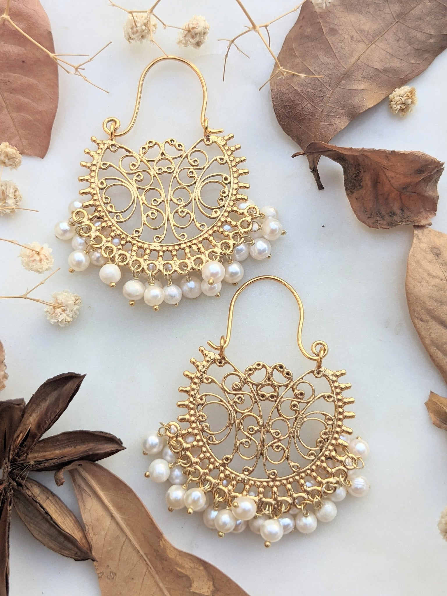 Filigree work gold  silver pearl chaandbaali/hoop