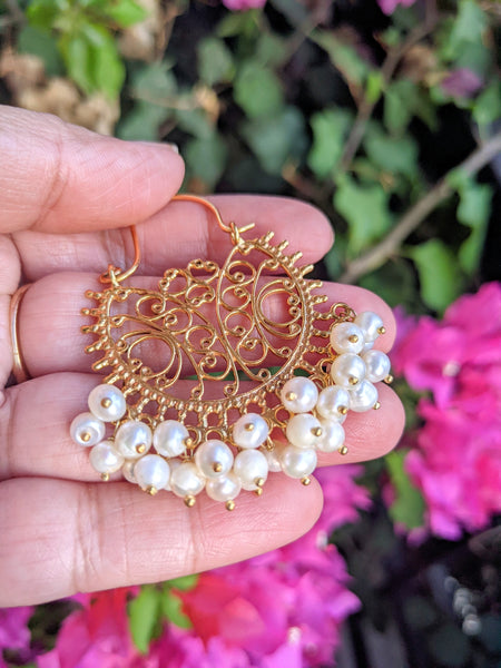 Filigree work gold  silver pearl chaandbaali/hoop