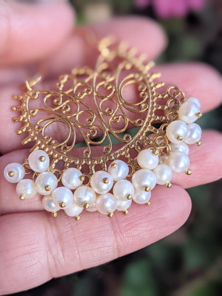 Filigree work gold  silver pearl chaandbaali/hoop