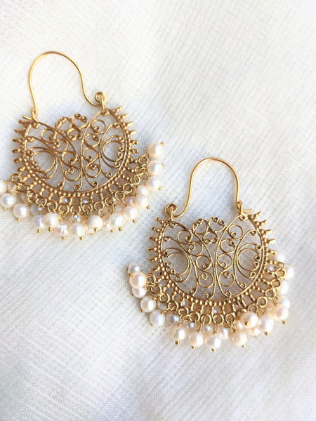 Filigree work gold  silver pearl chaandbaali/hoop