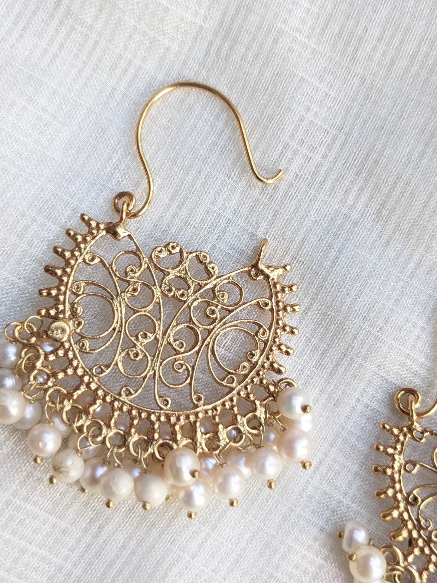 Lata - Filigree work gold  silver pearl chaandbaali/hoop