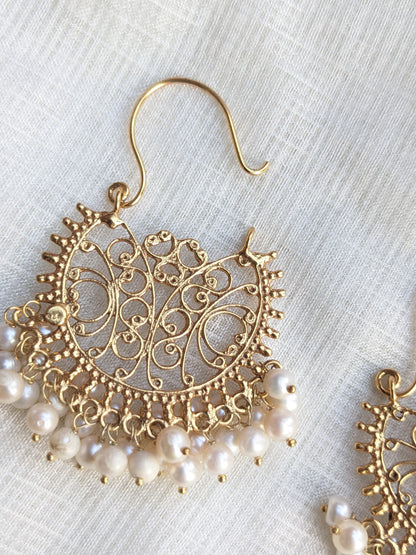 Lata - Filigree work gold  silver pearl chaandbaali/hoop