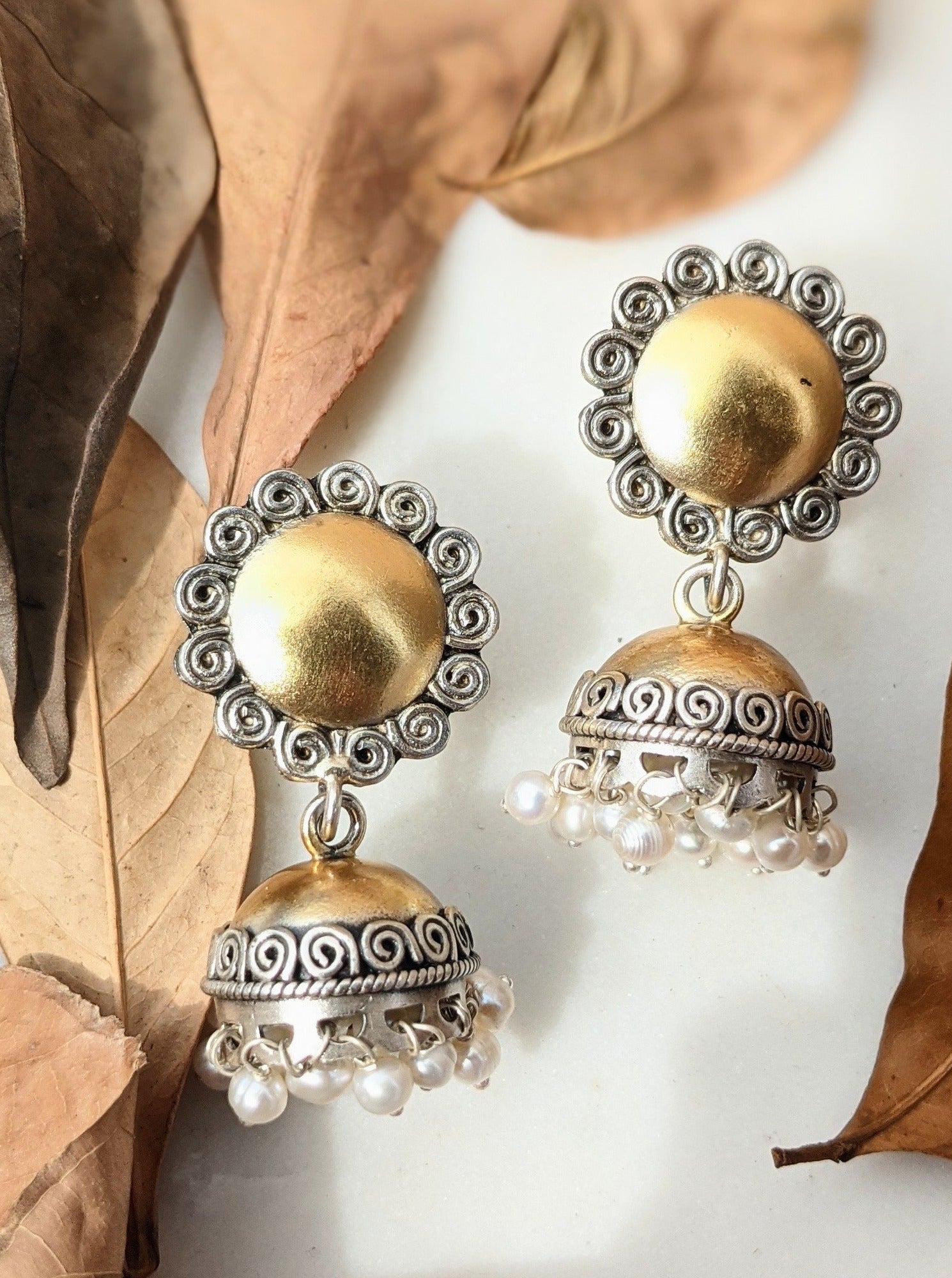 Dual Tone Gold and Silver Jhumki with pearl, Silver Jhumka, Faded gold finish
