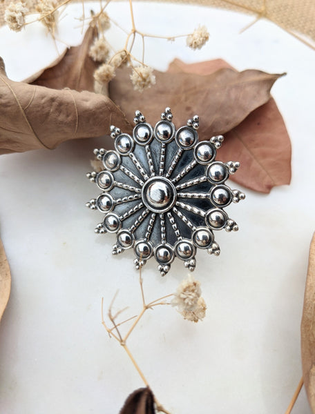 Adjustable oxidised sterling silver ring with motif work