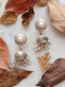 White enamel and pearl pure silver jhumki