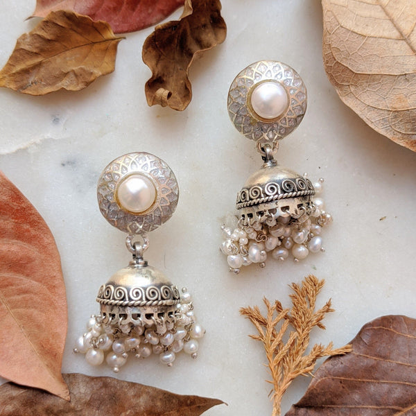 White enamel and pearl pure silver jhumki