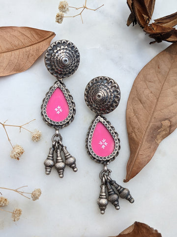 Silver Earring WITH HANDPAINTED PINK MOTIF