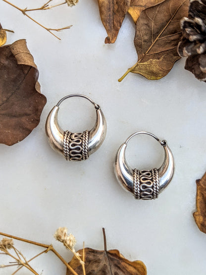 Bohemian Tribal Silver Hoops, 925 Sterling Silver Balinese Hoop
