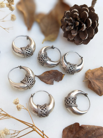 Bohemian Tribal Silver Hoops, 925 Sterling Silver Balinese Hoop
