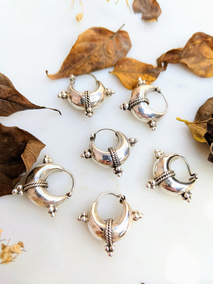 Tribal Boho Pure Silver Hoops, 925 Sterling Silver Balinese Hoop