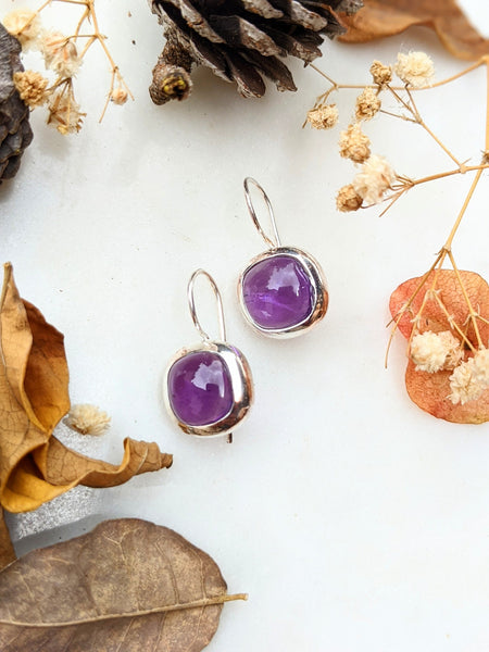 Amethyst french hook bezel cut sterling silver Earring