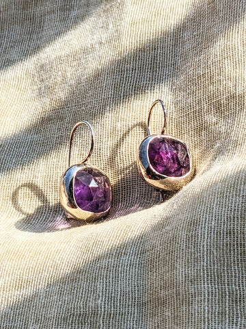 Amethyst french hook bezel cut sterling silver Earring