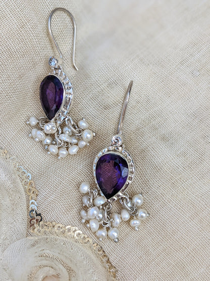 925 Sterling Silver gemstone and pearl hook earring in pure silver