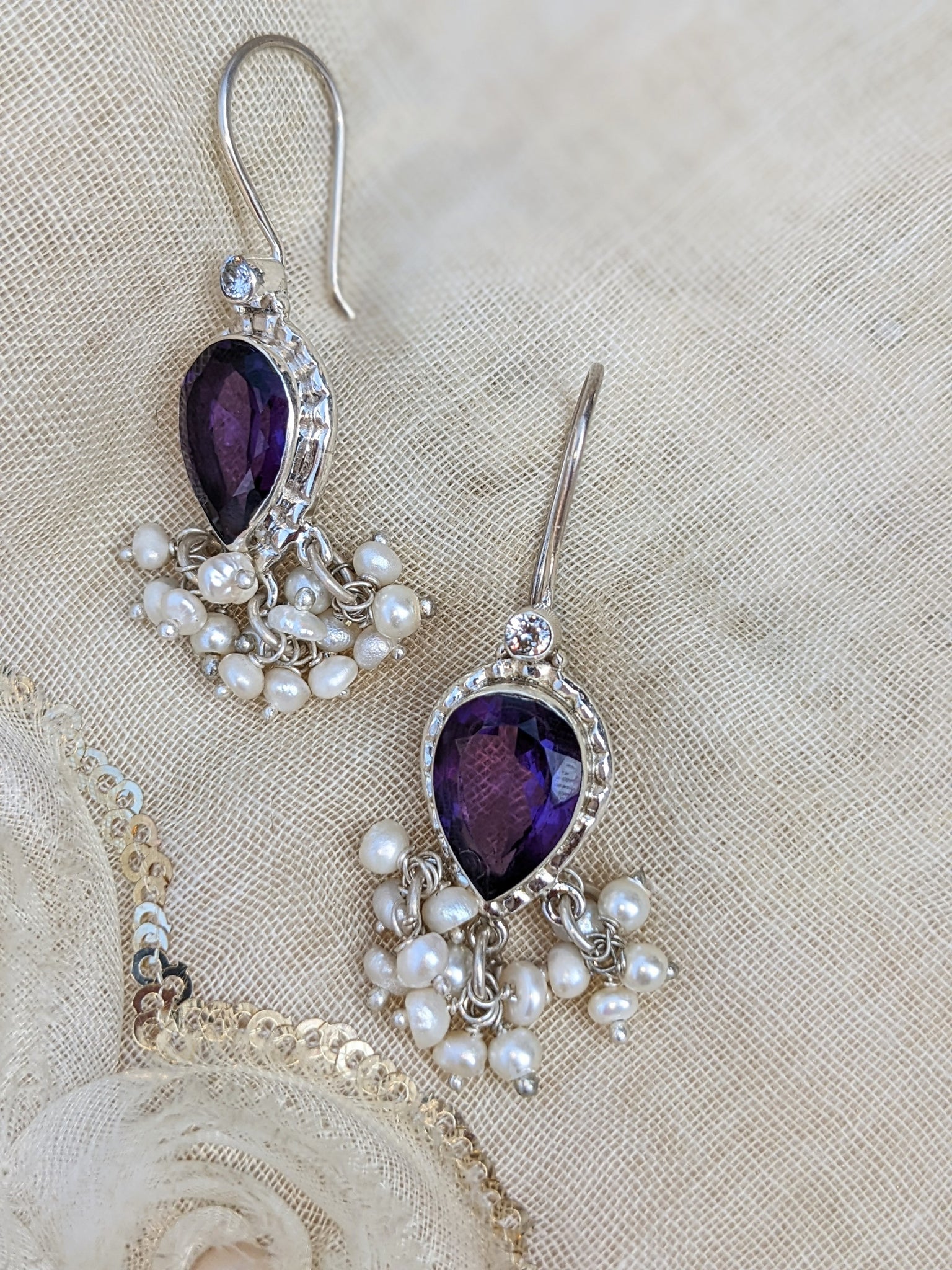 Aarna -  Amethyst and freshwater pearl hook earring