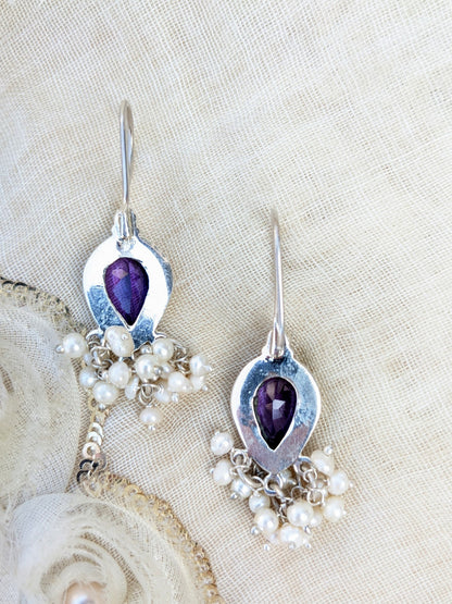 925 Sterling Silver gemstone and pearl hook earring in pure silver