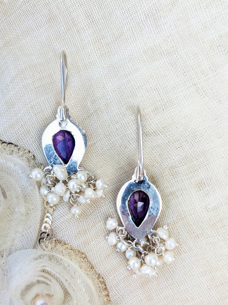 Aarna -  Amethyst and freshwater pearl hook earring