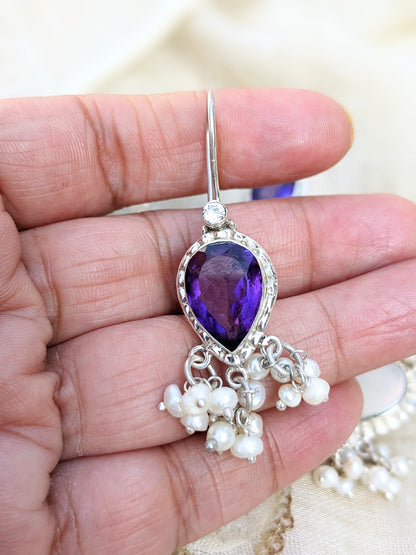 925 Sterling Silver gemstone and pearl hook earring in pure silver