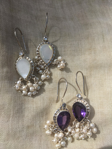 Aarna -  Amethyst and freshwater pearl hook earring