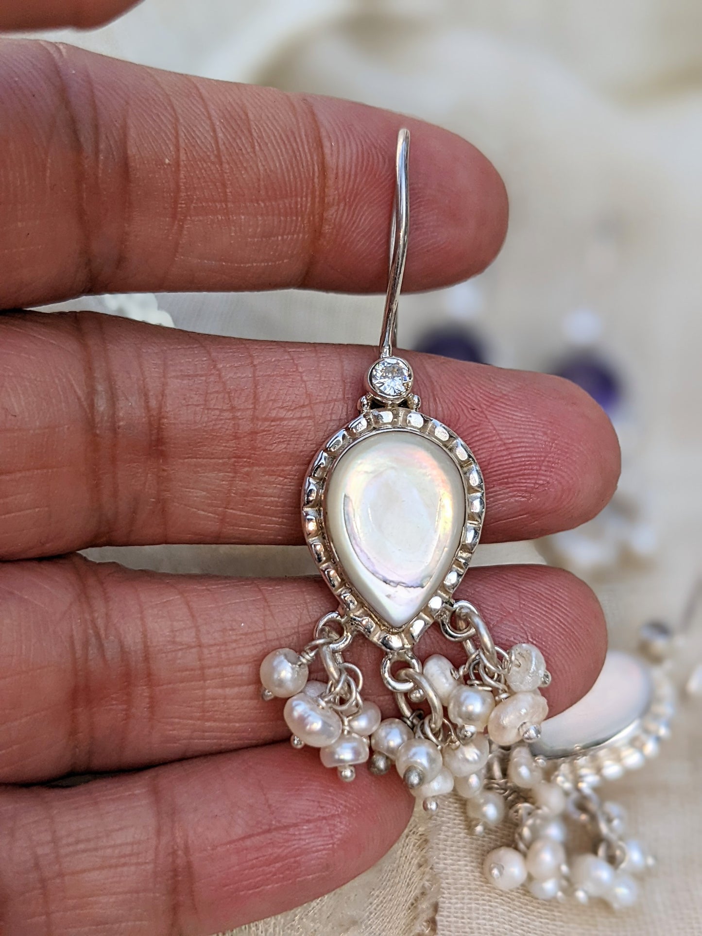 925 Sterling Silver gemstone and pearl hook earring in pure silver