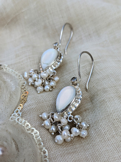 925 Sterling Silver gemstone and pearl hook earring in pure silver