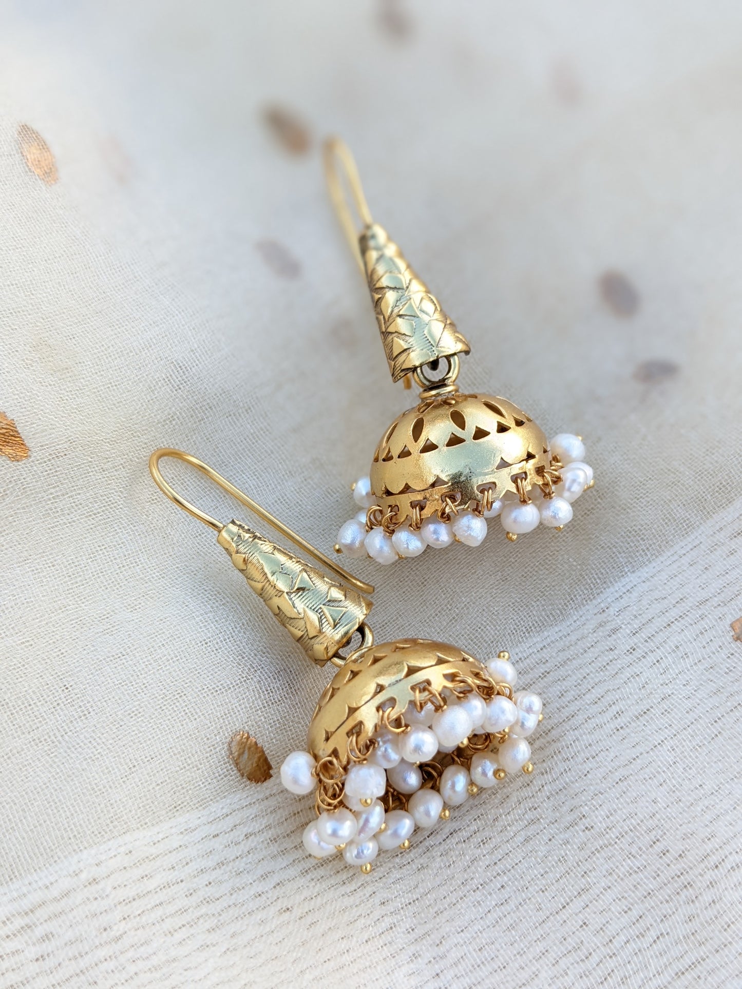 Jaya - Gold Plated Sterling Silver jhumka with pearl accents, Indian Pure silver Jhumka Earring