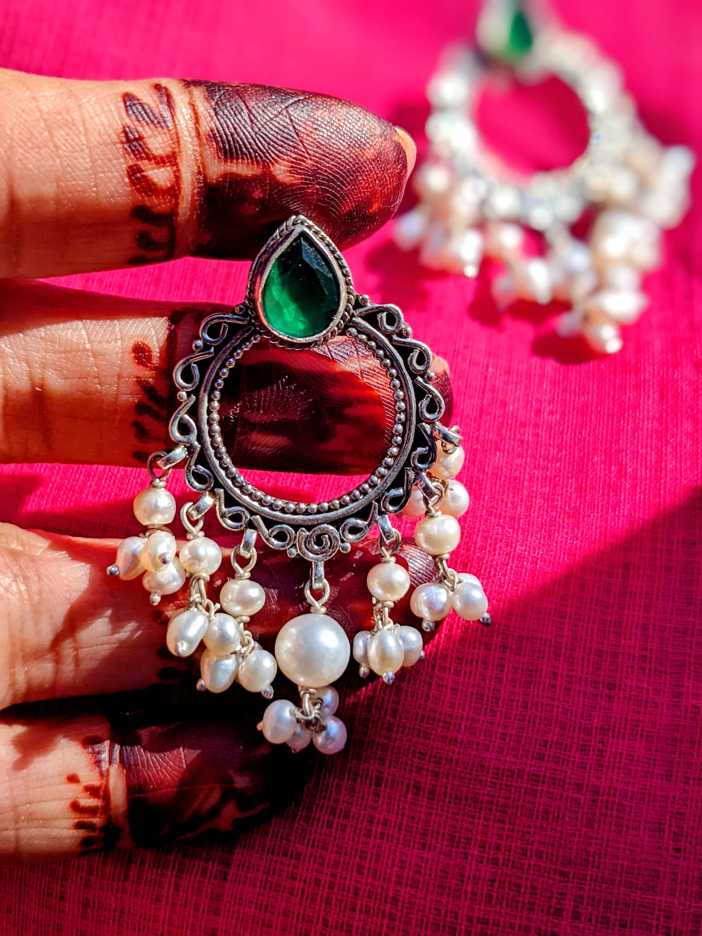 Aarohi - Sterling Silver Pearl Drop Chandbali earring with green gemstone, Statement Indian Silver Earring