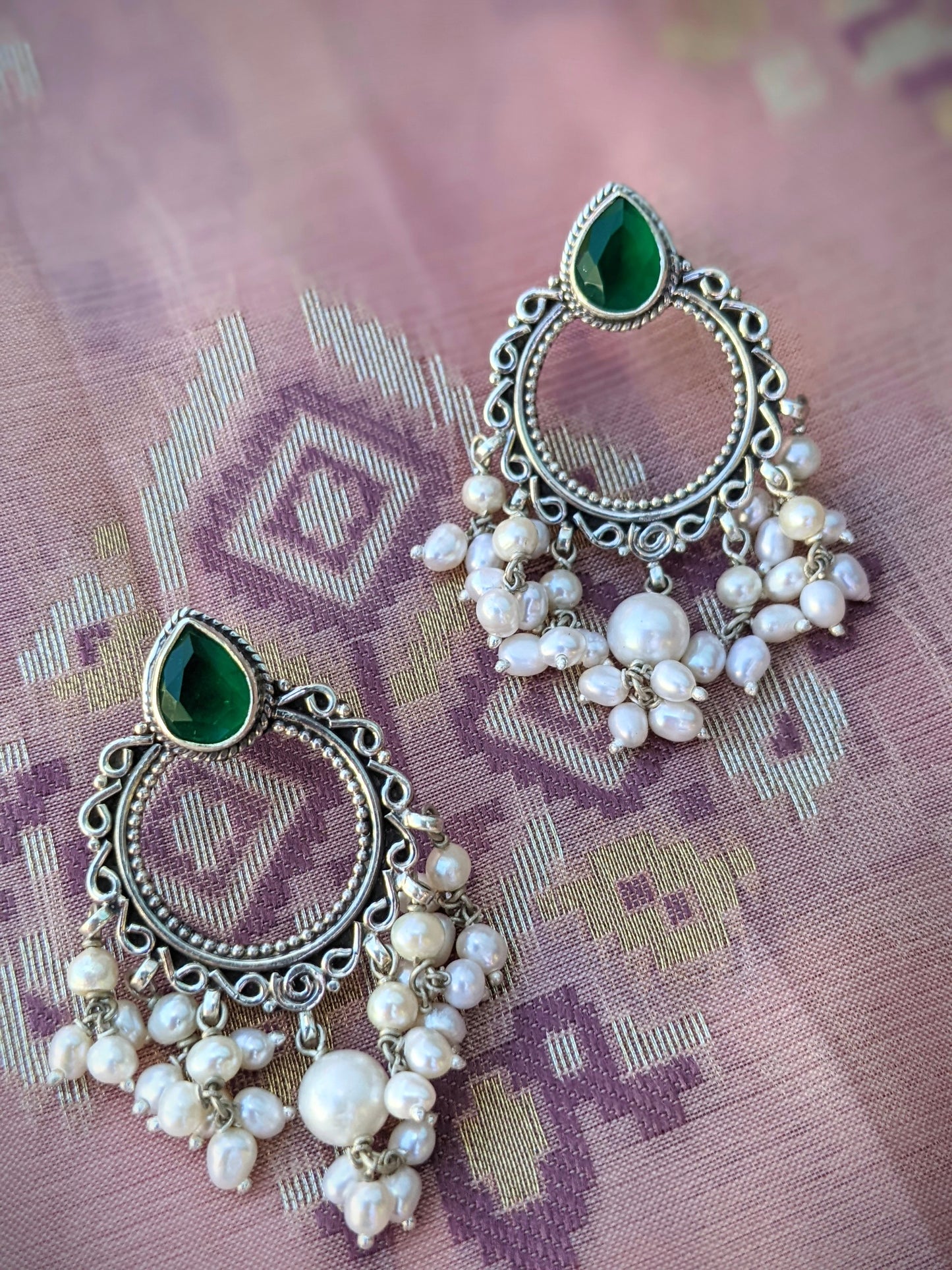 Aarohi - Sterling Silver Pearl Drop Chandbali earring with green gemstone, Statement Indian Silver Earring
