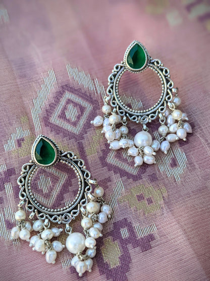 Aarohi - Sterling Silver Pearl Drop Chandbali earring with green gemstone, Statement Indian Silver Earring
