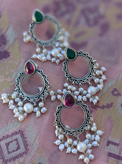 Aarohi - Sterling Silver Pearl Drop Chandbali earring with green gemstone, Statement Indian Silver Earring