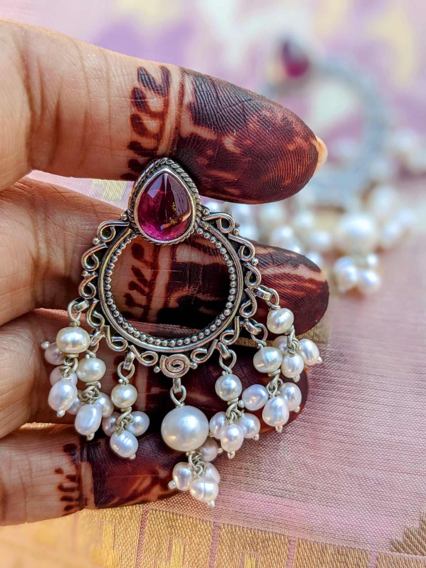 Aarohi - Sterling Silver Pearl Drop Chandbali earring with green gemstone, Statement Indian Silver Earring