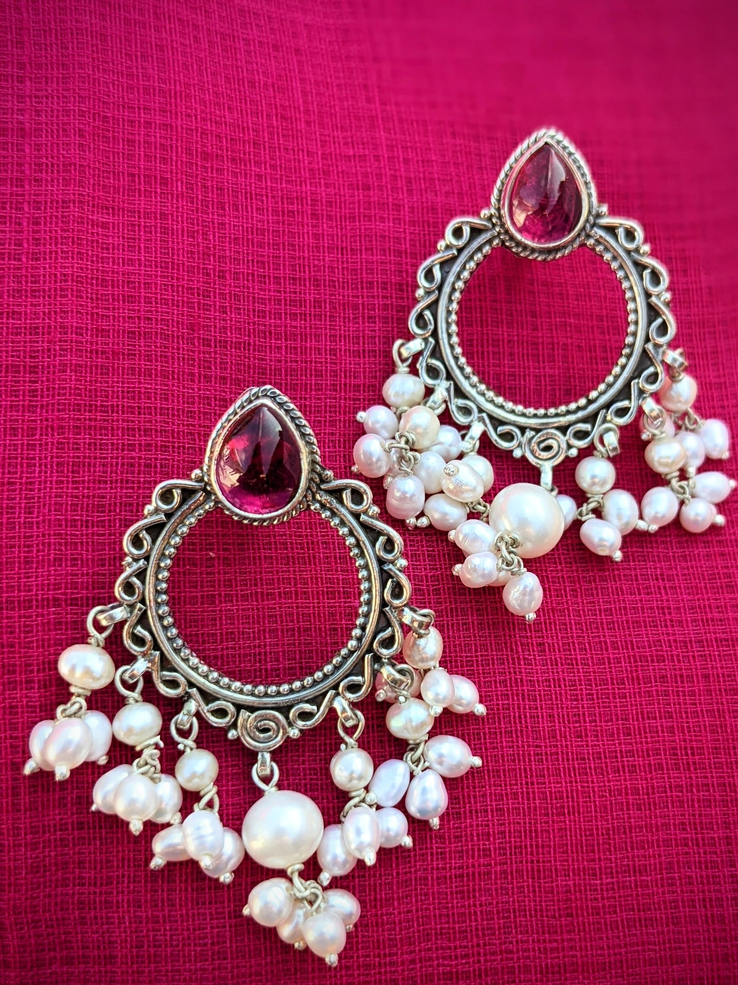 Aarohi - Sterling Silver Pearl Drop Chandbali earring with green gemstone, Statement Indian Silver Earring