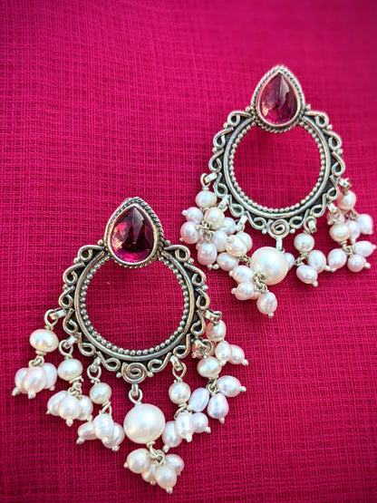 Aarohi - Sterling Silver Pearl Drop Chandbali earring with green gemstone, Statement Indian Silver Earring